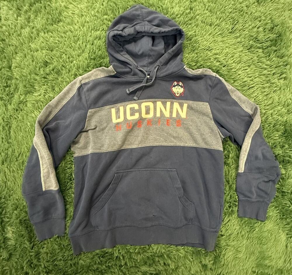 UConn Huskies Captivating Pullover Hoodie Large Navy Blue Gray Color Block